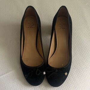 Tory Burch Black velvet heels with Gold Accents